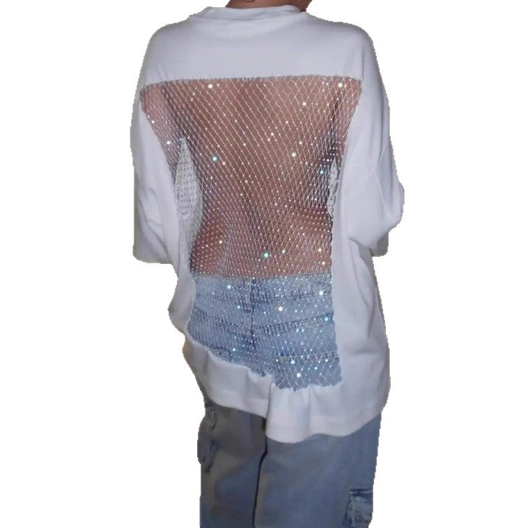 Women's oversized T-shirt with transparent mesh back, rhinestone embellishment and jeans print Mune Fashion