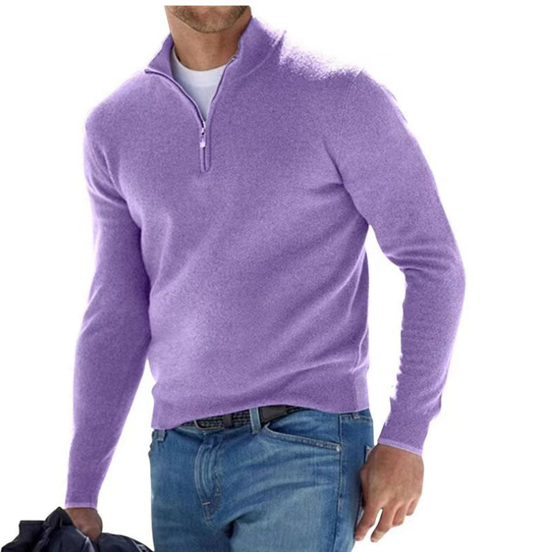 Men's Fine Knit Sweater with Short Zipper and Troyer Collar Mune Fashion