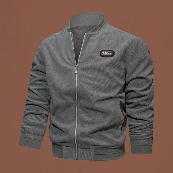 Men's fine cord bomber jacket with metal zipper, soft inner lining, and elastic ribbed cuffs.