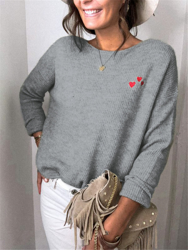 Ladies Oversize Knit Sweater with Heart Embroidery and Wide Boat Neck Drune