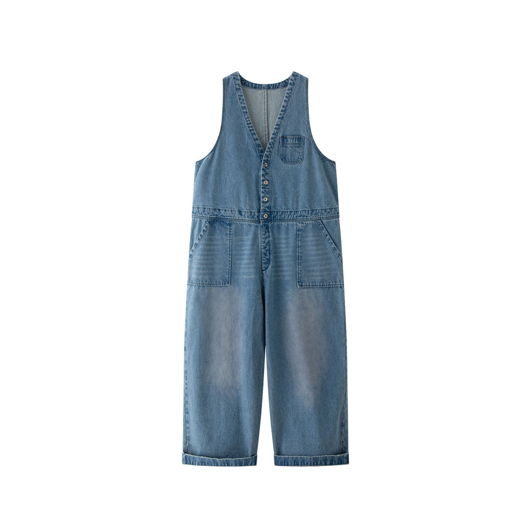 Women's Loose Denim Overalls in Baggy Style with Deep V-Neck and Button Placket Mune Fashion