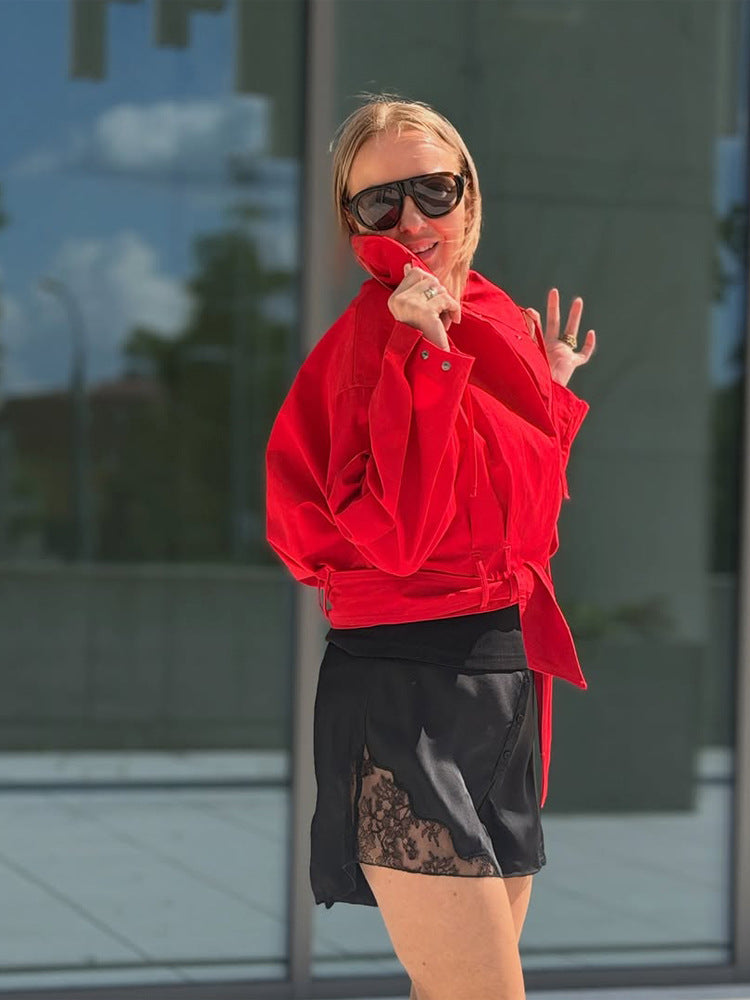 Women's Oversize Short Jacket with Waist Belt and Shirt Collar Mune Fashion