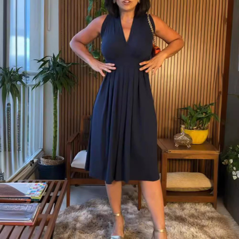 Women's sleeveless V-neck midi dress with underbust seam and flattering pleated skirt Mune Fashion