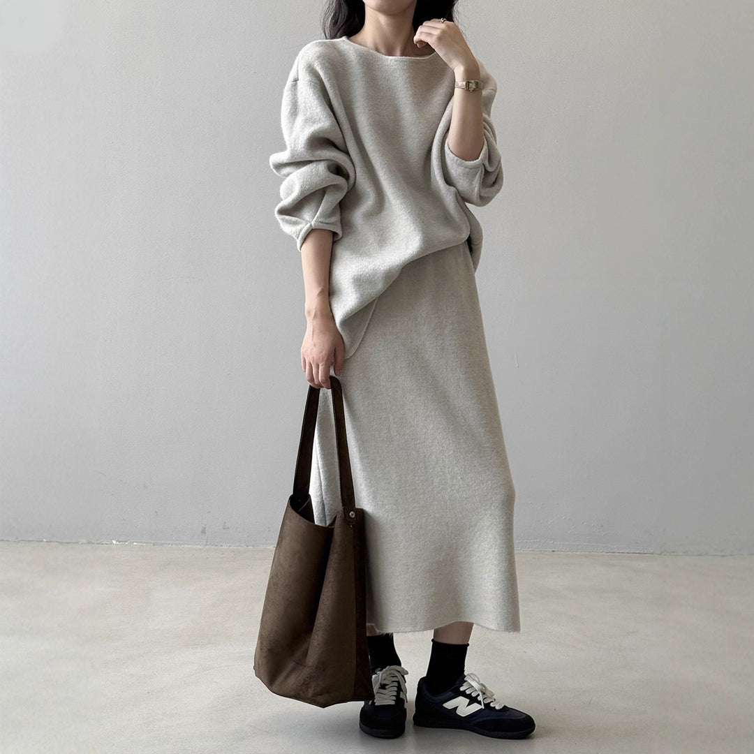 Women Cozy Knit Set Oversized Sweater with Wide Round Neckline and Midi Skirt Mune Fashion