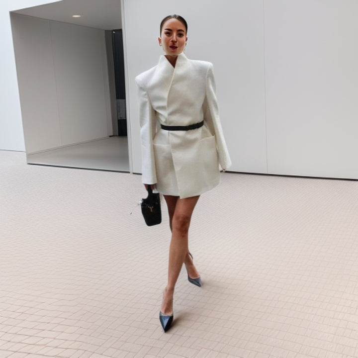 Women structured blazer coat with high collar and waist belt Mune Fashion
