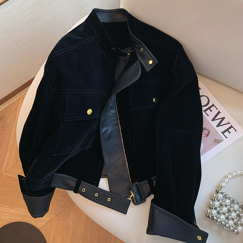 Ladies Stylish Velvety Transitional Jacket with Leather Accents Mune Fashion
