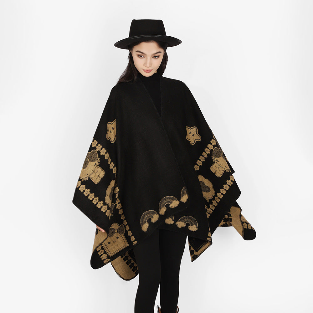 Women's Oversize Poncho with Jacquard Animal Pattern and Asymmetrical Pointed Hem Mune Fashion