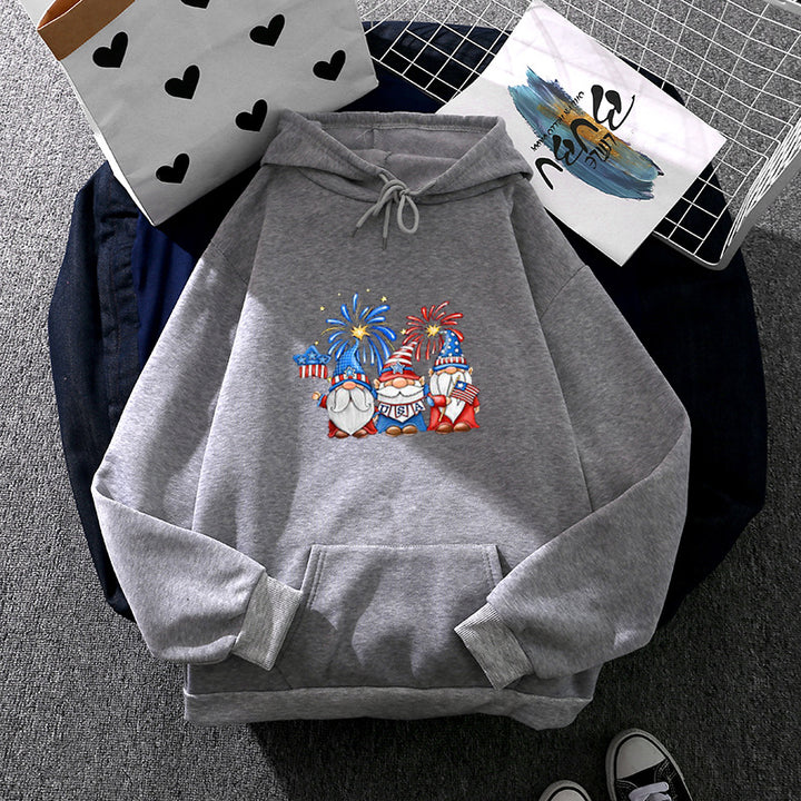 Women's hoodie with patriotic garden gnome print, brushed fleece lining, oversized cut, and kangaroo pocket Mune Fashion