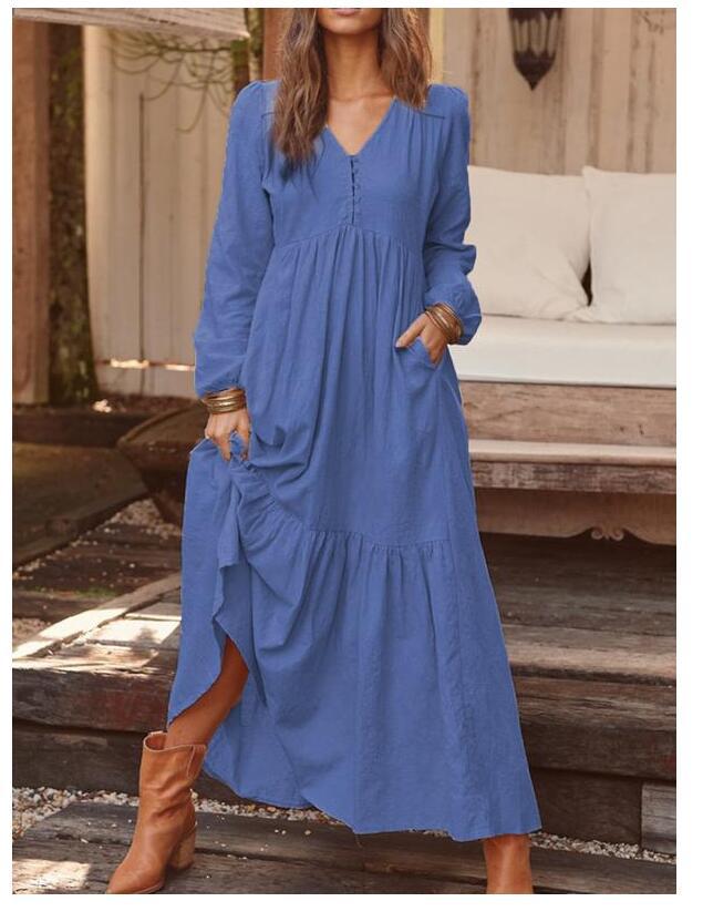 Women's airy maxi dress with V-neck, long sleeves, and inseam pockets Mune Fashion
