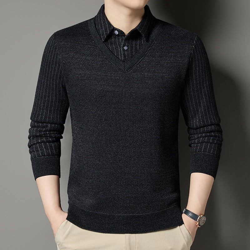 Men's fine knit sweater with V-neck and integrated polo collar Mune Fashion