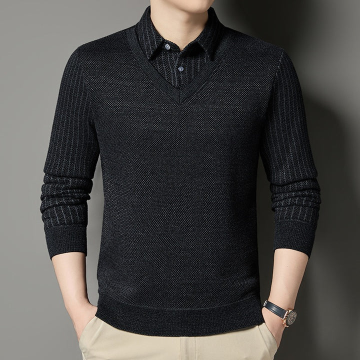 Men's fine knit sweater with V-neck and integrated polo collar Mune Fashion