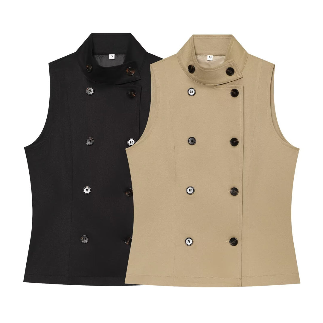 Women's Sleeveless Double-Breasted Trench-Inspired Vest Mune Fashion