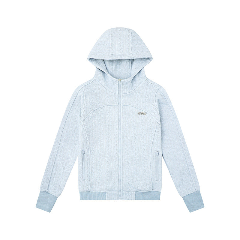 Women's hooded cardigan with cable knit pattern, full zip and side pockets Mune Fashion
