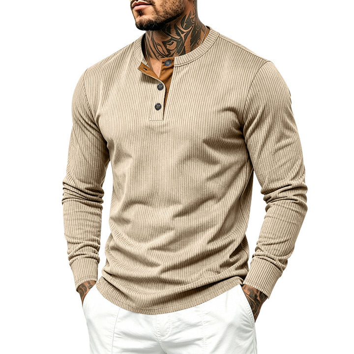 Men's Ribbed Long Sleeve Henley with Stand-Up Collar, Contrast Button Placket and Ribbed Cuffs Mune Fashion