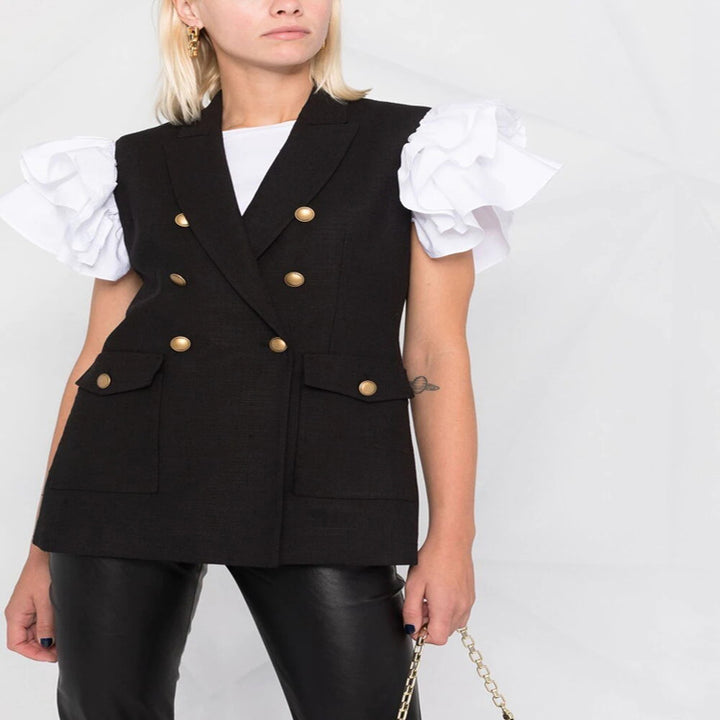 Women's double-breasted sleeveless blazer vest with distinctive decorative round buttons Mune Fashion