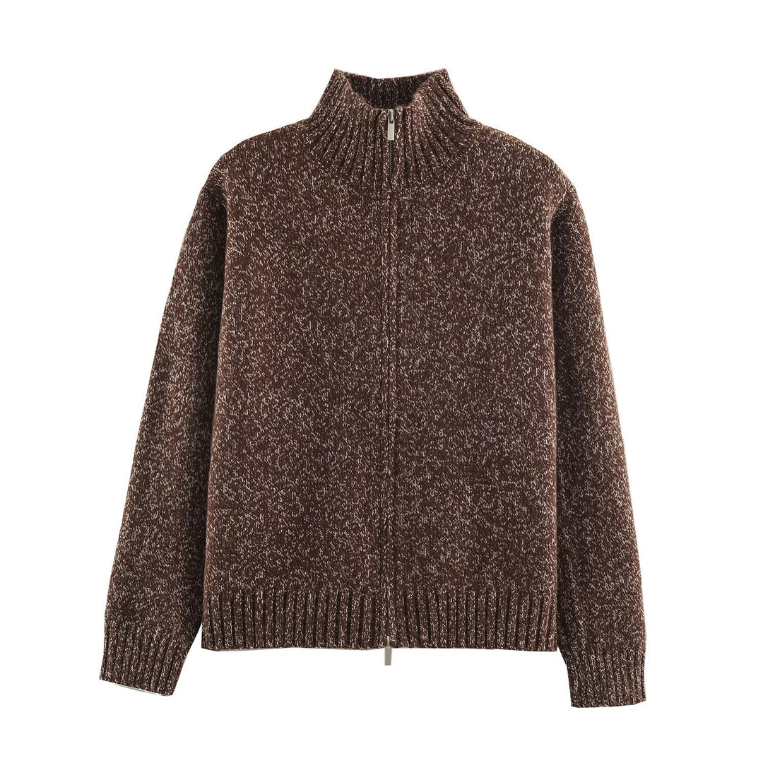 Women's Chunky Knit Zip Sweater with Stand-Up Collar and Ribbed Hem Mune Fashion
