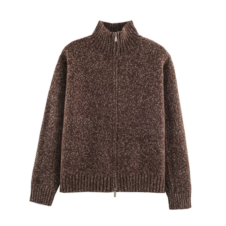 Women's Chunky Knit Zip Sweater with Stand-Up Collar and Ribbed Hem Mune Fashion