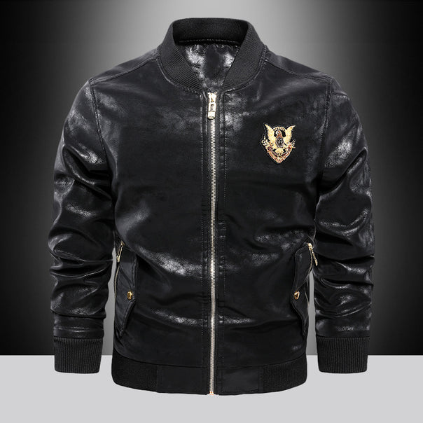 Men's Leather Look Bomber Jacket in Aviator Style with Patch Embroidery, Ribbed Cuffs, and Metal Zipper Mune Fashion