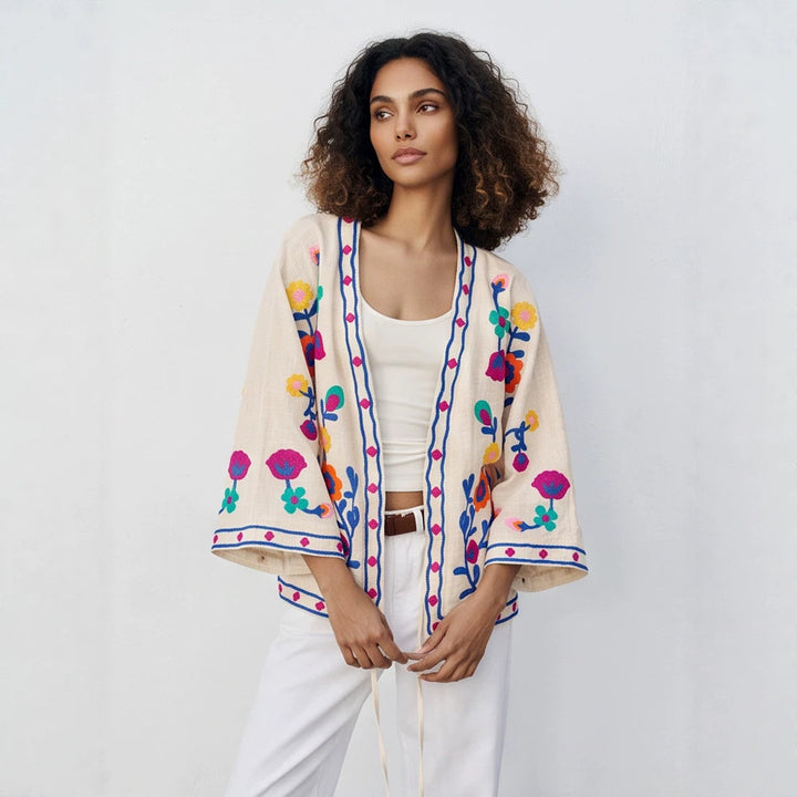Women embroidered linen wrap jacket with folkloric flower appliqués Mune Fashion