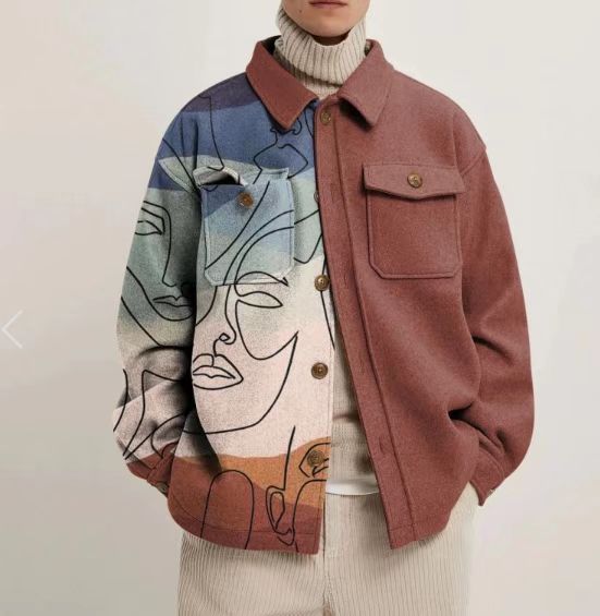 Women’s Oversized Wool-Look Shirt with Asymmetrical Bird Print and Flap Pocket Mune Fashion