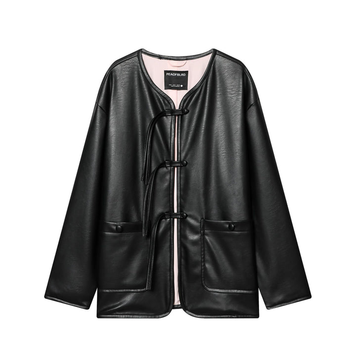 Women's Oversized Faux Leather Jacket with Toggle Closures and Applied Flap Pockets Mune Fashion