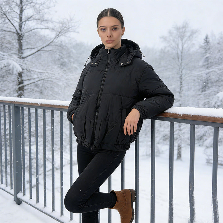 Women's Padded Quilted Jacket with Volume Hood, Elastic Hem and Adjustable Waist Mune Fashion