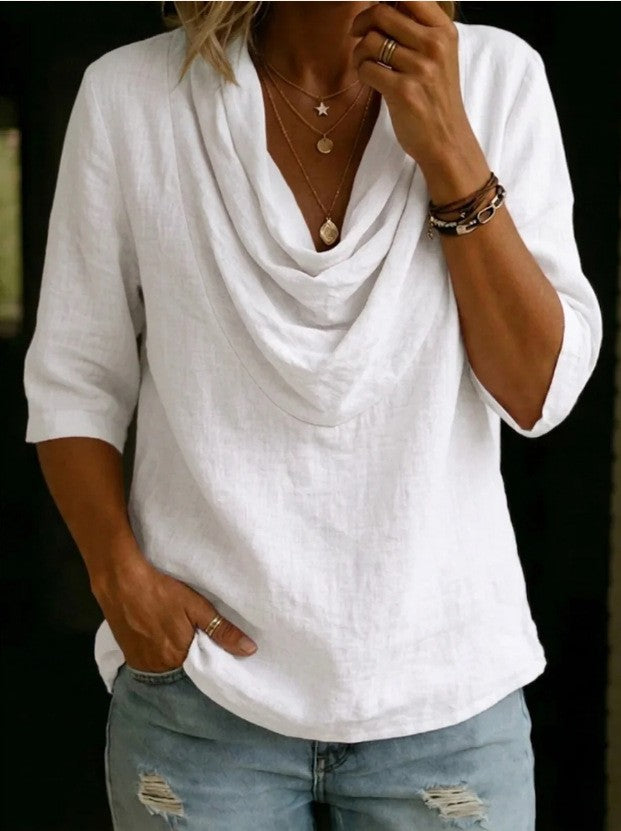 Women's airy linen blouse with draped waterfall collar, loose silhouette, and three-quarter sleeves Mune Fashion