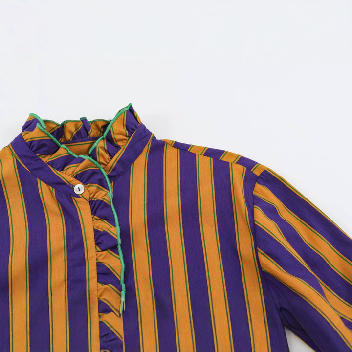 Women's Striped Blouse with Stand-up Collar, Ruffle Trim and Gathered Cuffs Mune Fashion