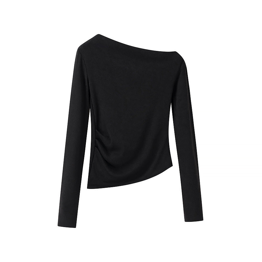 Women Asymmetric One-Shoulder Long Sleeve Top with Ruching Mune Fashion