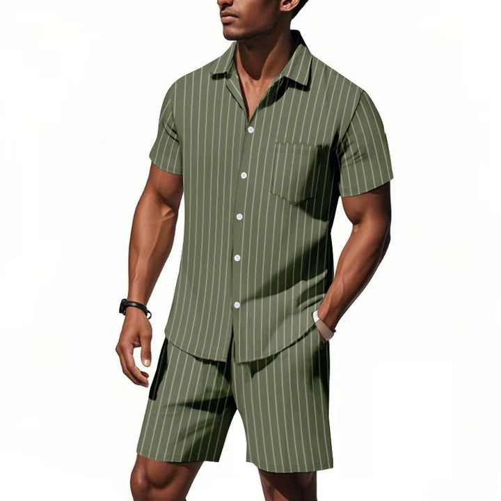 Men's Short Sleeve Pajama Set with Subtle Striped Pattern and Practical Chest Pocket Mune Fashion