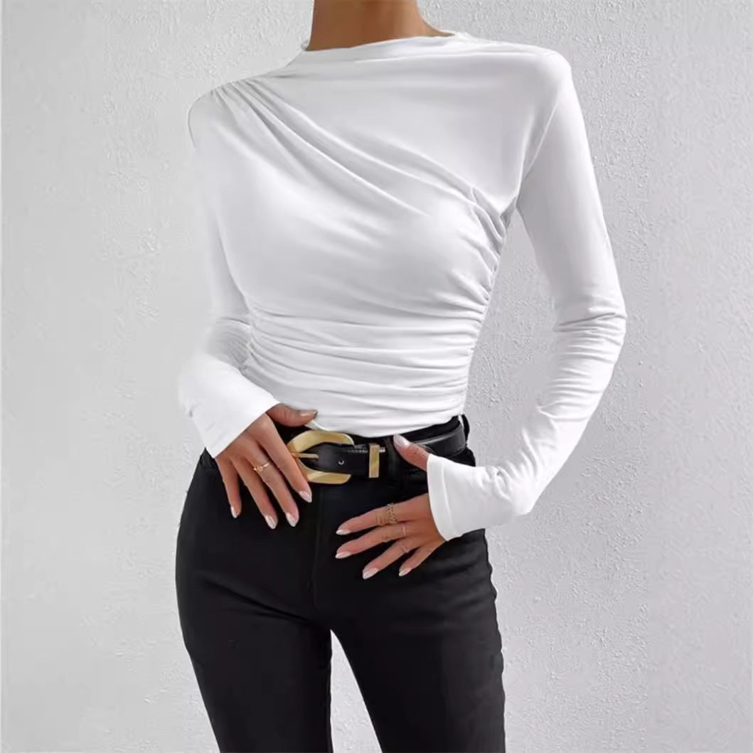 Women nan gathered long sleeve shirt with asymmetric boat neckline and figure-hugging silhouette Mune Fashion
