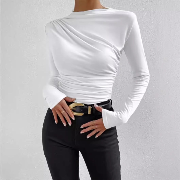 Women nan gathered long sleeve shirt with asymmetric boat neckline and figure-hugging silhouette Mune Fashion