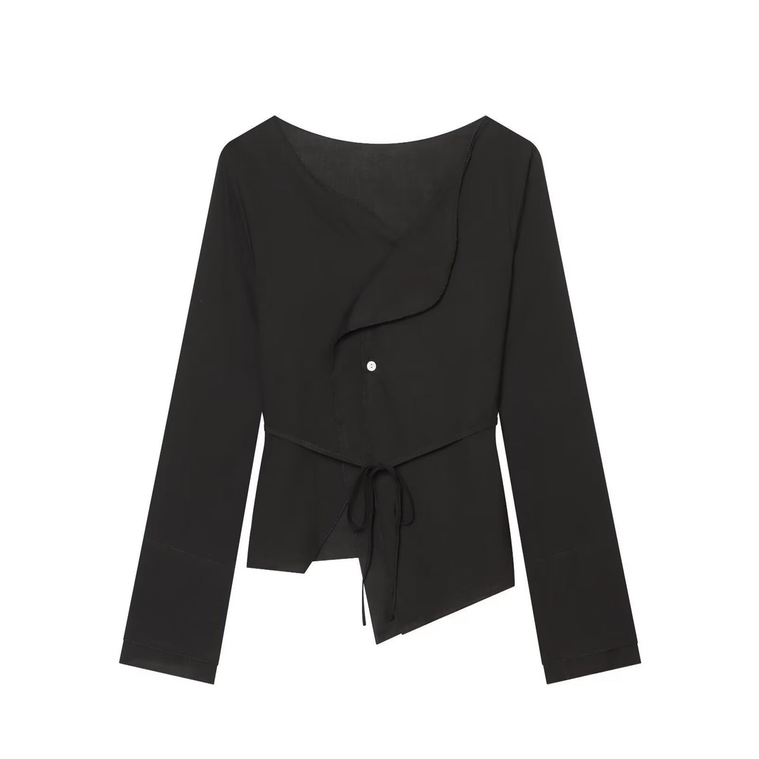Women's wrap blouse with waist tie, asymmetrical hem and gathered edges Mune Fashion
