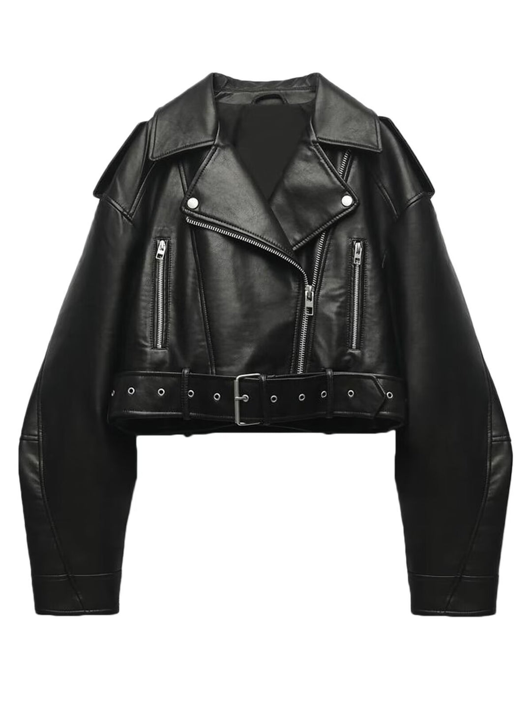 Women tailored faux leather biker jacket with belt Mune Fashion