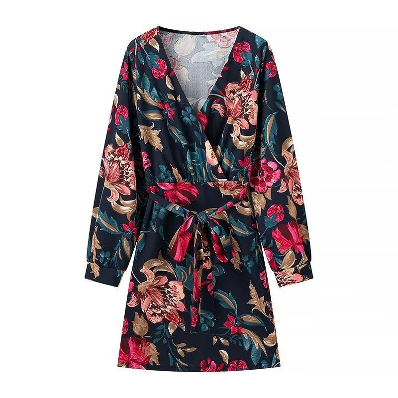Women’s Wrap Mini Dress with Allover Floral Print, V-Neck and Waistband Mune Fashion