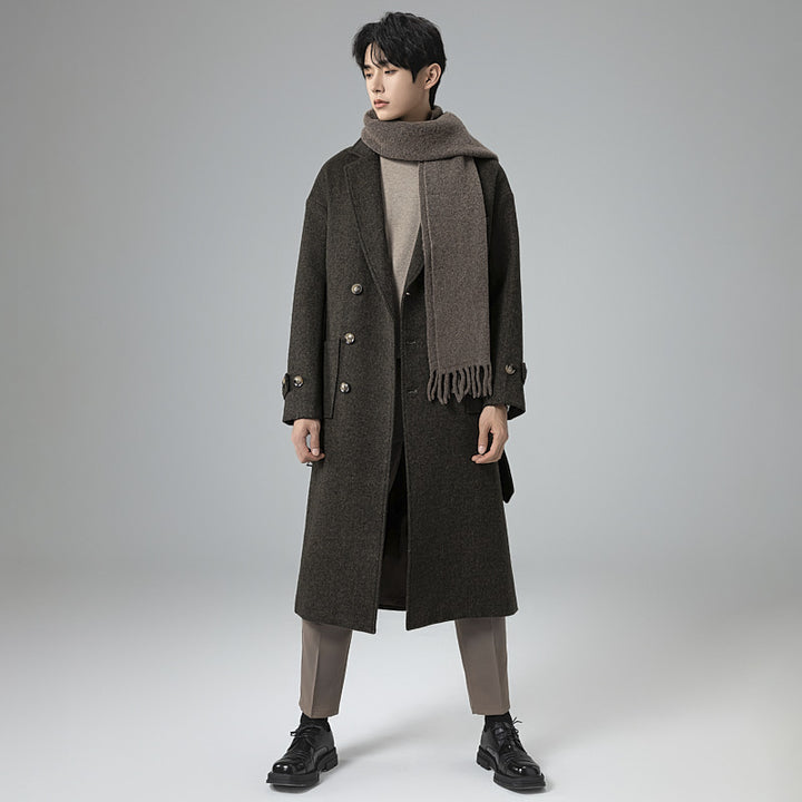 Men's Maxi Length Wool Blend Coat in Tweed Look with Oversized Cut, Double Breasted and Belted Mune Fashion