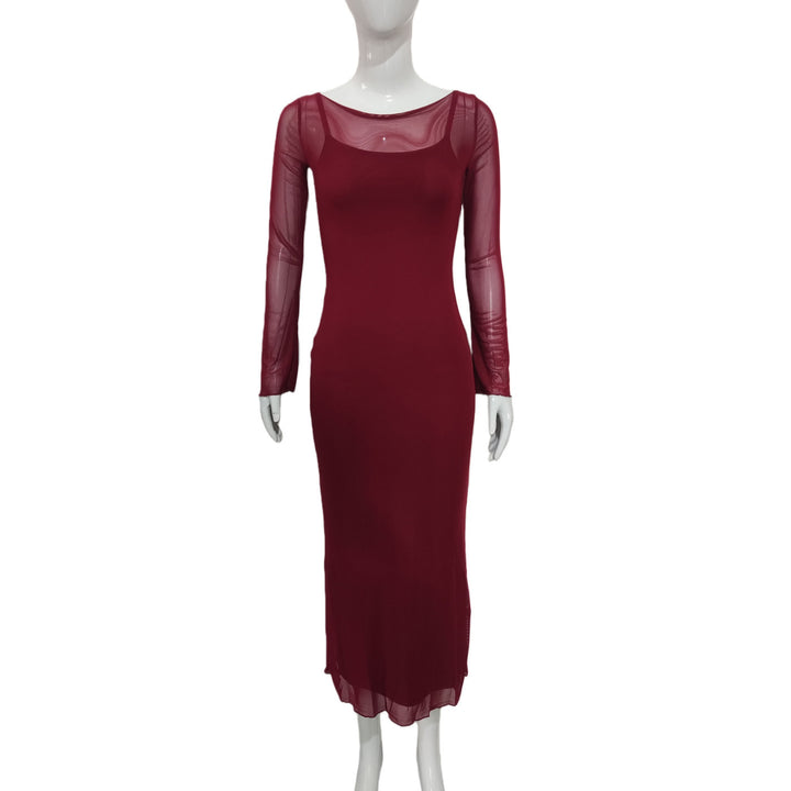 Women Elegant Stretch Midaxi Dress with Mesh Sleeves and Integrated Bustier Mune Fashion