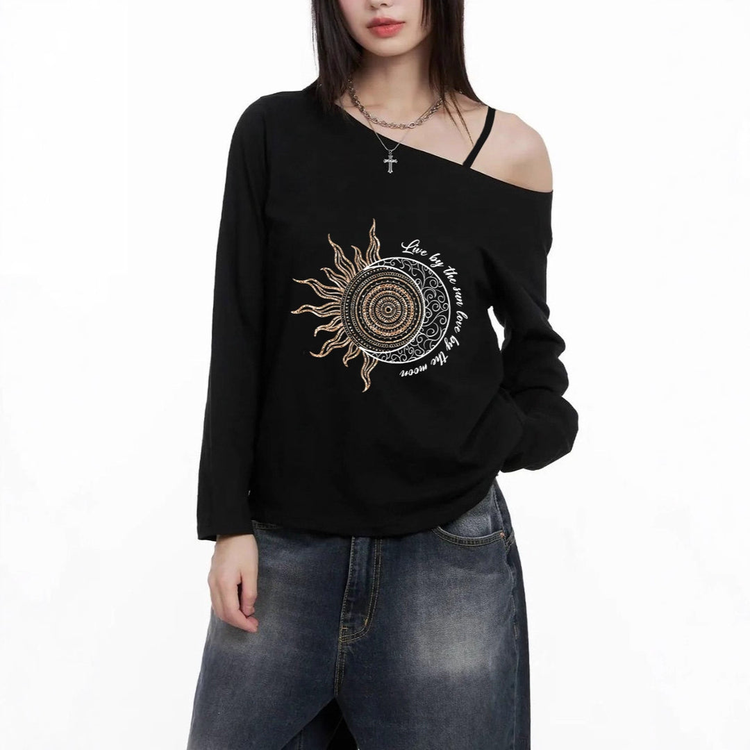 Women's Casual Off-Shoulder Long Sleeve Shirt with Asymmetrical Neckline and Detailed Sun-Moon Mandala Print Mune Fashion