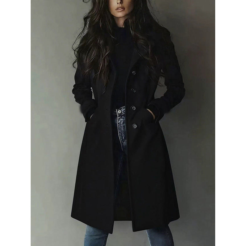 Women's Elegant Long Coat in A-Line Cut with Single-Breasted Button Placket Mune Fashion