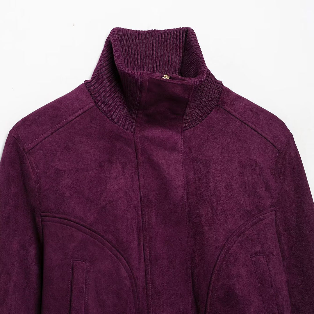 Women Cropped Velvet Jacket in Bomber Style with High Ribbed Collar and Waistband Mune Fashion