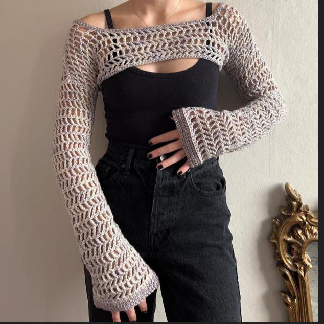 Ladies trendy mesh overlay with wide sleeves