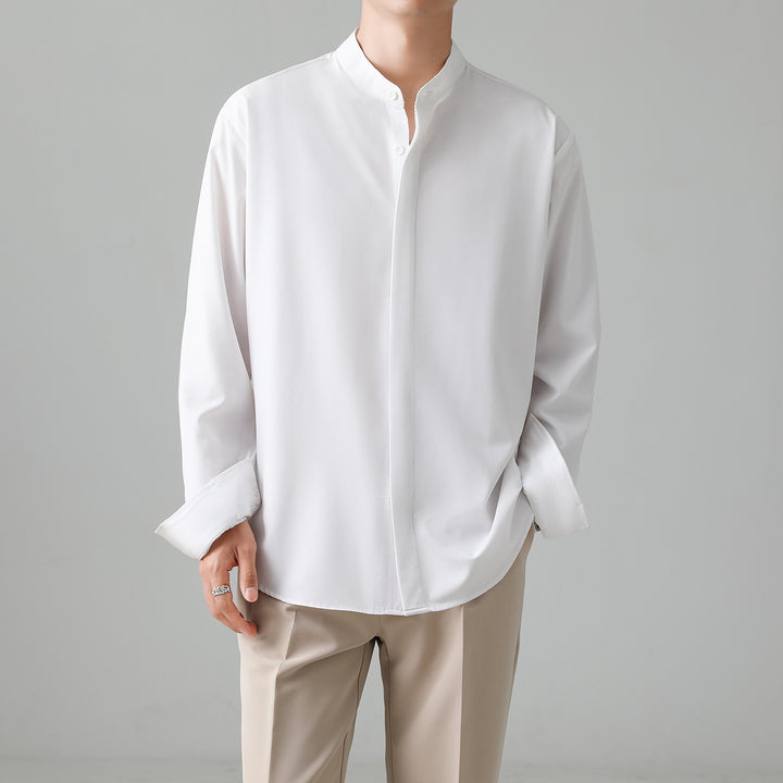 Men's Loose Stand Collar Shirt with Concealed Button Placket Mune Fashion