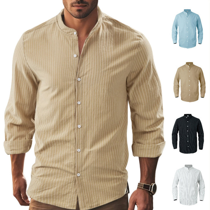 Men's striped stand-up collar shirt made of linen-cotton blend with button placket Mune Fashion