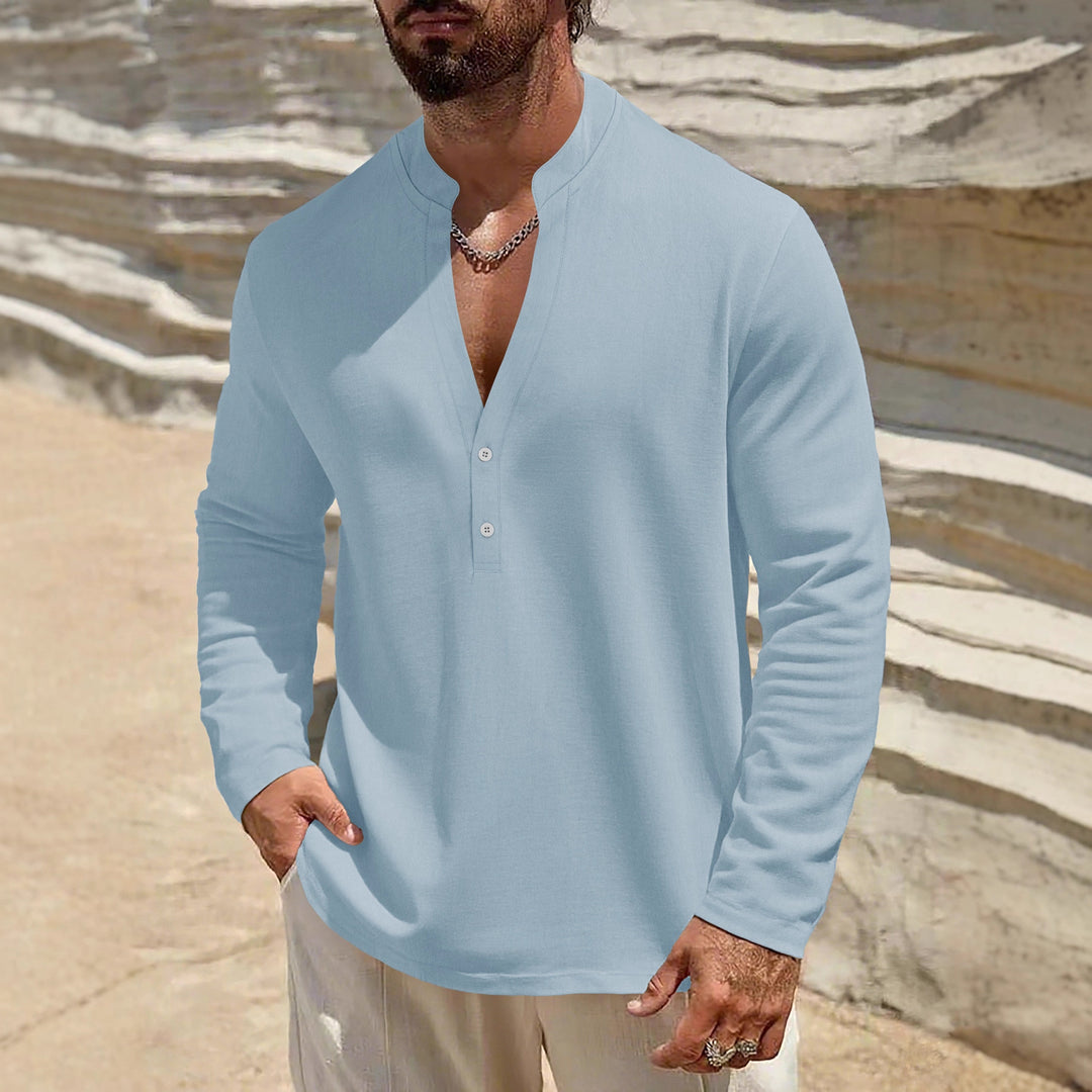 Men's Lightweight Linen Henley with Stand-up Collar and 2-Button Placket Mune Fashion