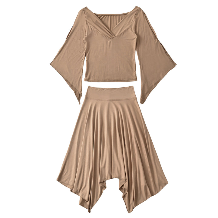 Women's Two-Piece Set with Draped Top with Bat Sleeves and Asymmetrical Flared Skirt Mune Fashion