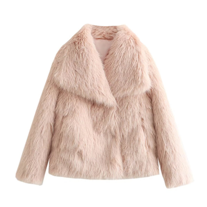 Women's Short Faux Fur Jacket with Wide Shawl Collar Mune Fashion