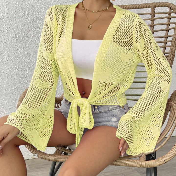 Women's airy knitted kimono with open front and drawstring