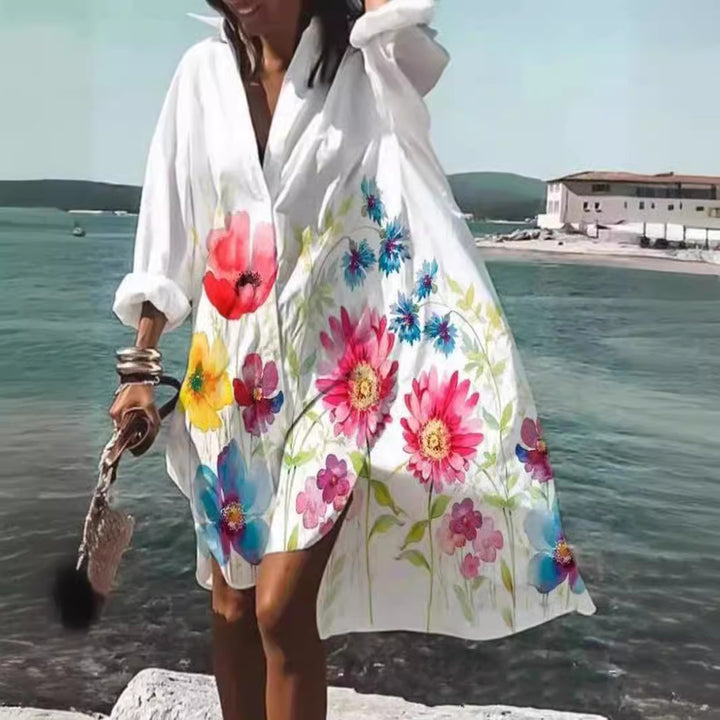Women's airy beach dress kaftan with tropical leaf print and wide cut Mune Fashion