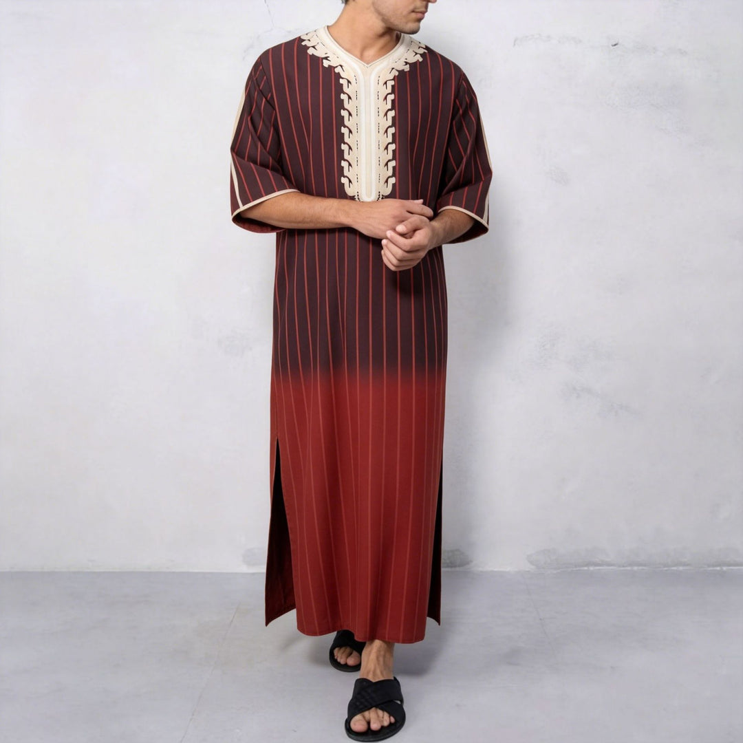 Men's striped Djellaba with decorative chest embroidery and side slit Mune Fashion