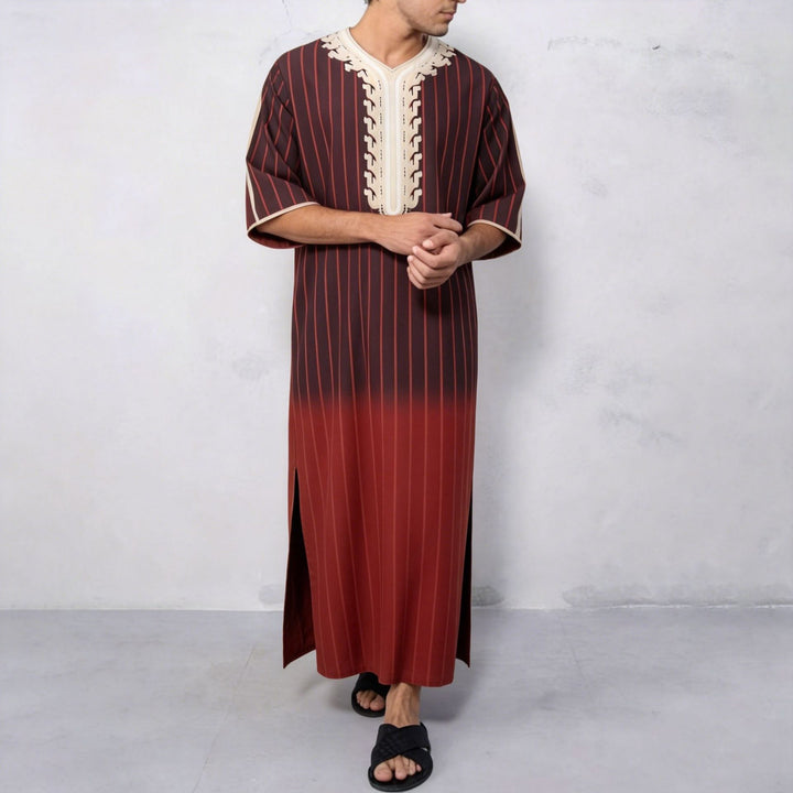 Men's striped Djellaba with decorative chest embroidery and side slit Mune Fashion
